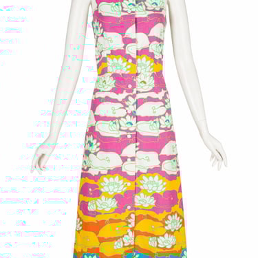 Miss Dior by Christian Dior 1970s Lily Pad Print Cotton Piqué Vintage Maxi Dress Sz S 