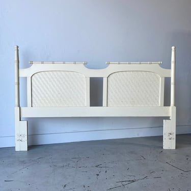 Vintage King Post Headboard with Faux Bamboo and Woven Rattan - White Hollywood Regency Palm Beach Coastal Bedroom Furniture 