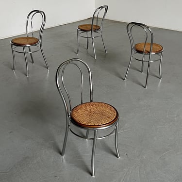 Set of 4 Vintage Thonet Style Chairs in Chrome, Wood and Rattan, No. 14 Cafe Dining Chairs, 1970s Italy 