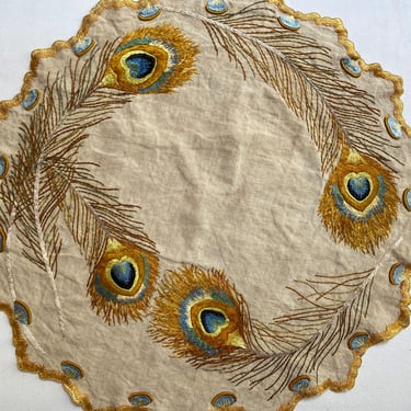Antique Peacock Feather Embroidered Doily, Small Round FiberArt, Hand Stitched, Table Linen, Society Silk Look, Royal Society Look Victorian 