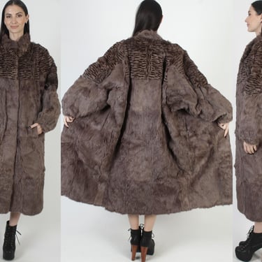 Full Length Rabbit Fur Coat, Oversized Spotted Gilet Jacket, Vintage Animal Print Winter Overcoat 