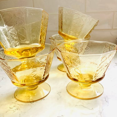 Set of 5 Vintage Embossed Amber/ Yellow  Sherbet or Wine Glass Goblets by LeChalet