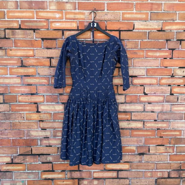 vintage 50s blue boat neck drop waist abstract print fit and flare dress / xs extra small 
