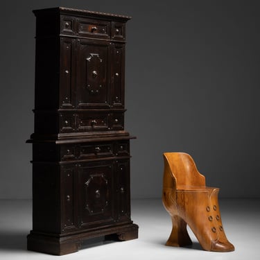 Walnut & Iron Studded Cabinet / Unique Pine Shoe Chair