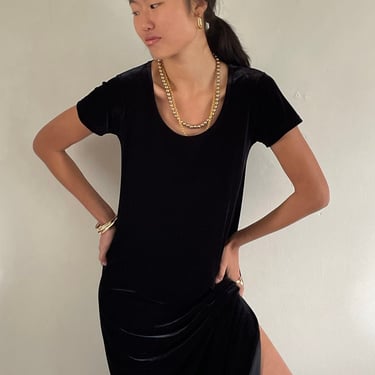 90s stretch velvet maxi dress / vintage black stretch velvet short sleeve pullover scoop neck tee t shirt capsule wardrobe maxi dress | Med 