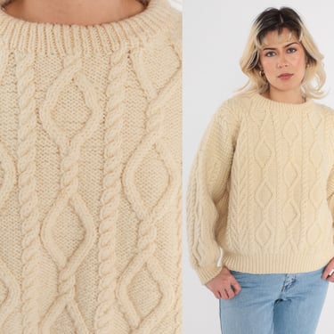 Cable Knit Sweater 80s Cream Wool Sweater Fisherman Slouchy Chunky Knit Crewneck Pullover Cableknit Retro Drop Shoulder Vintage 1980s Large 