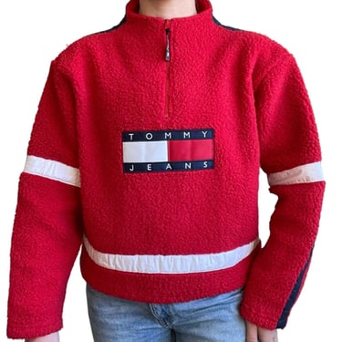 Vintage 90s Womens Tommy Hilfiger Red Retro Fleece Cropped Sweatshirt Sz L 