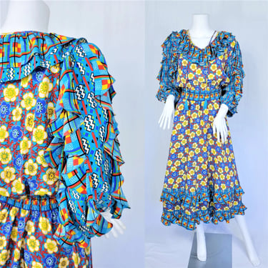 1980's Silk Diane Freis Turquoise Blue Yellow Floral Print Blouson Peasant Dress I Sz Lrg 