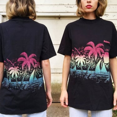 Vintage Rainbow Ombre Paradise Island Palm Trees Bahamas Tourist Novelty T-shirt Tee M 