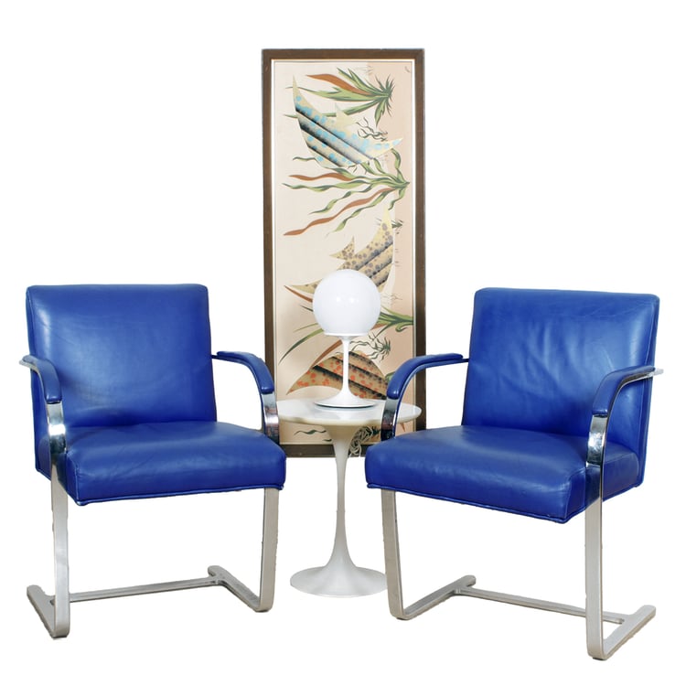 Blue Leather + Chrome Plated &#8216;Brno&#8217; Arm Chairs