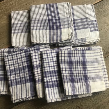 1 French Indigo Check Linen Handkerchief, Faded Indigo Blue Stripe, Sold by Each, 8 Available 