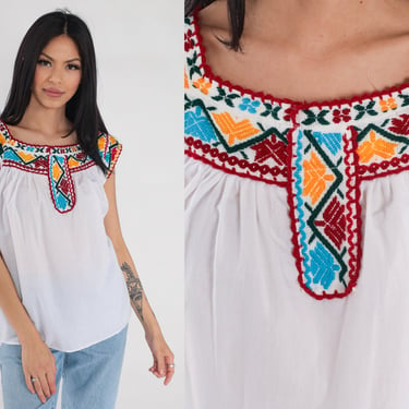 Embroidered Blouse 90s White Mexican Top Peasant Hippie Cap Sleeve Tent Shirt Red Blue Yellow Geometric Print Vintage 1990s Cotton Small S 