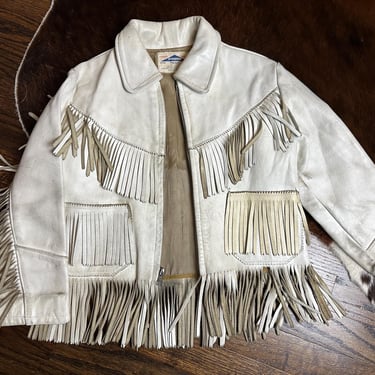 Vintage 1970s White Leather Fringe Jacket Kids Size 10 