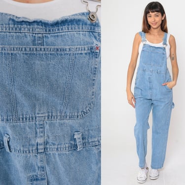 90s Denim Overalls Blue Jean Overall Pants Hammer Loop Suspender Bib Pants Tapered Straight Leg Jeans Retro Vintage 1990s Small S 