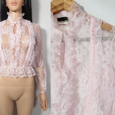 Vintage 80s Deadstock Pastel Pink Lace Ruffle Frilly Romantic Blouse Size S 