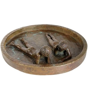 1931 Vintage Original Cast Bronze Sculpture, Two Children in a Wading Pool, Signed SB Brother and Sister Statue DishArt 