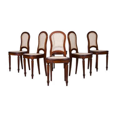 Antique French Louis XVI Style Burl Walnut Cane Dining Chairs - Set of 6 