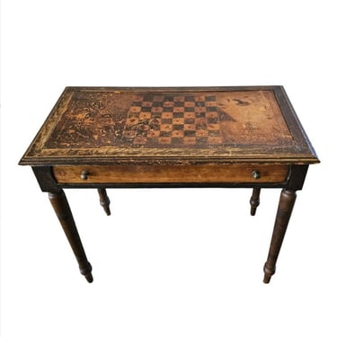 19th Century European Antique Distressed Leather Games Table - Sofa Table Console With Worn Embossed Leather Chessboard 