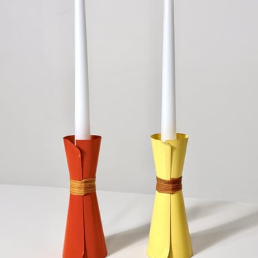 Pair Laurids Lonborg Enamel Rattan Folded Sculptural Candlesitck Holders Mid Century Danish Modern 1960s 