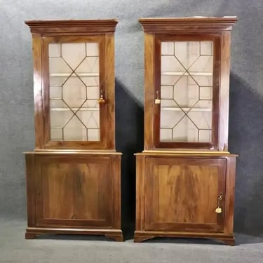 Rare Matched Pair Edwardian Chippendale Style Individual Glazed Corner Cabinets