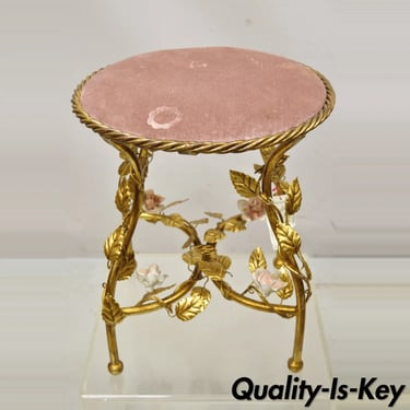 Italian Hollywood Regency Iron Metal Rope Gold Leaf Gilt Pink Seat Vanity Stool