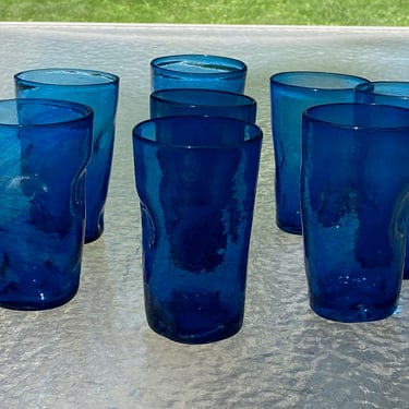 Set Eight Vintage Pilgrim Cobalt Blue Pinch Glass Tumblers 5" 
