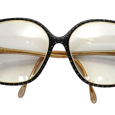 Vintage Eyeglasses, 70s Nina Ricci Glasses, Handmade, France, Oversized Black Crystal Studded Frame 