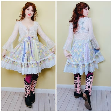 1990s Vintage Fun and Fancy Originals Square Dance Skirt / 90s Pastel Floral Lace Up Ruffled Skirt Western / Small - Medium 