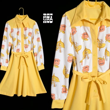 Cool Vintage 70s Yellow Floral Color Block Collared Day Dress 