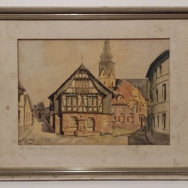 Vintage Signed H Struwe Watercolor Painting Das Rathaus Rofheim Germany Village Scene 18x14 