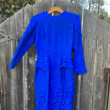 VTG 90s Cobalt Blue Floral Silk Peplum Pencil Dress 