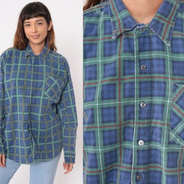 Blue Flannel Shirt 90s Grunge Green Plaid Button Up Haband's Ice House Flannels Shirt 1990s Lumberjack Vintage Long Sleeve Large xl 