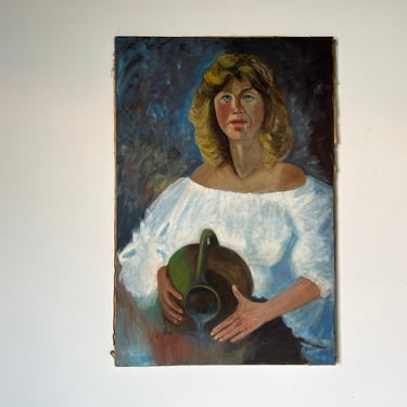 1970's Mid-Century Impressionist Woman Oil Portrait Painting 