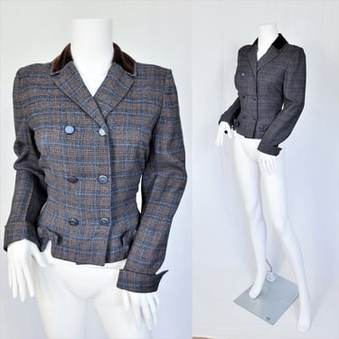 1950's Cropped Grey Wool Plaid Suit Coat I Blazer I Jacket I Sz Med I Glenhaven 