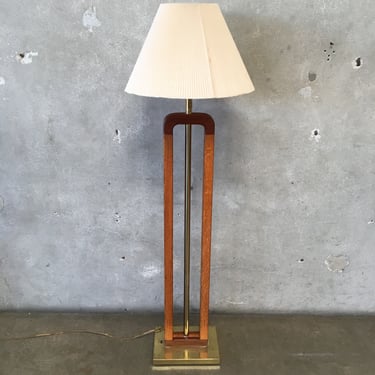 Post Modern Oak &amp; Brass Floor Lamp with Pleated Shade