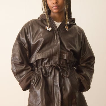 1980s Burberry Chocolate Leather Anorak With Wool Lining 