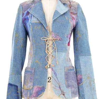 2000s Roberto Cavalli Hand Painted Suede And Denim Patchwork Blazer