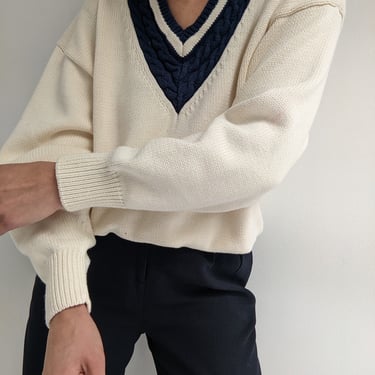 90s Cream & Navy Collegiate Sweater