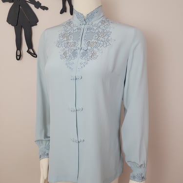 Vintage 1970's Silk Top / 70s Blue Embroidered Blouse S 