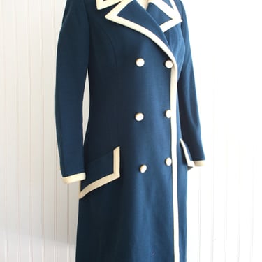 1960s - Mid Century Mod - Wool Knit - Coat - Coat Dress - Blue - by Butte Knit - Estimated size 12 