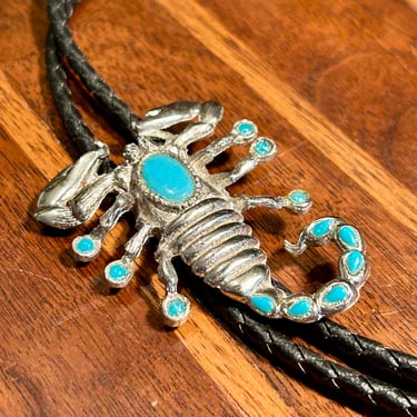 Vintage Scorpion Bolo Tie Silver Tone Metal Faux Turquoise Retro Western Fashion 