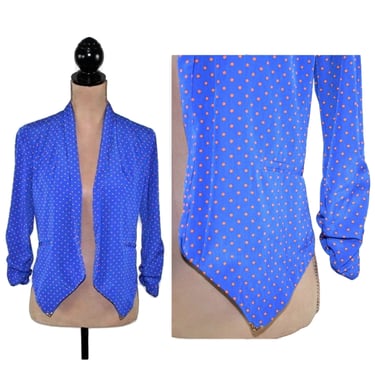 S 90s Blue + Orange Polka Dot Crop Jacket Small, 3/4 Sleeve Open Front Blazer, Lightweight Spring Summer Fashion 1990s Clothes Women Vintage 