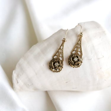 golden teardrop rose earrings - vintage 90s y2k romantic gold rhinestone dangle womens romantic hook pierced earrings 