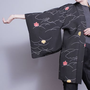 Vintage 1970's | Black | Leaf Pattern | Haori | Japanese | Kimono | SML 