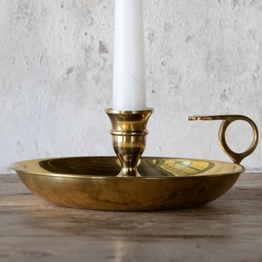 Brass Chamberstick with Finger Loop, Vintage Yellow Brass Candle Holder with Carrying Handle 