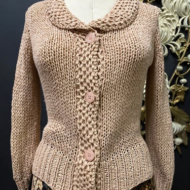 1990s cardigan, city dkny, beige knit, vintage sweater, medium, collared, button front, open weave, 90s designer, donna Karen, 34 36 