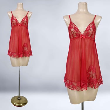 VINTAGE 2000s Y2K Frederick's of Hollywood Sheer Red Babydoll Chemise Nightgown Sz S | Chiffon and Lace Lingerie | VFG 