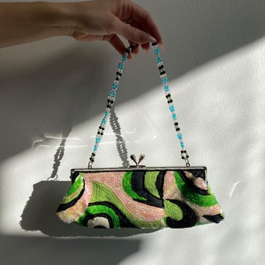 Green Swirl Beaded Bag with Beaded Handle