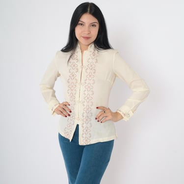 Vintage Floral Embroidered Blouse 80s Cream Chinese Frog Closure Button Up Shirt Long Sleeve Top 1980s Mandarin Collar Small S 