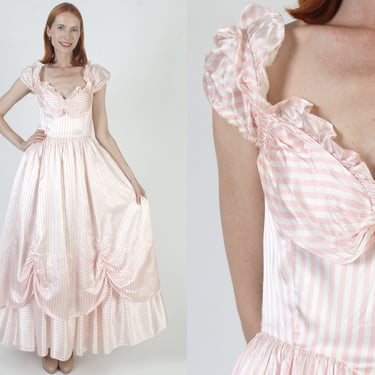 Gunne Sax Pink Satin Maxi Dress, 80s Southern Belle Prom Outfit, Vintage Striped Jessica McClintock  Gown Maxi 